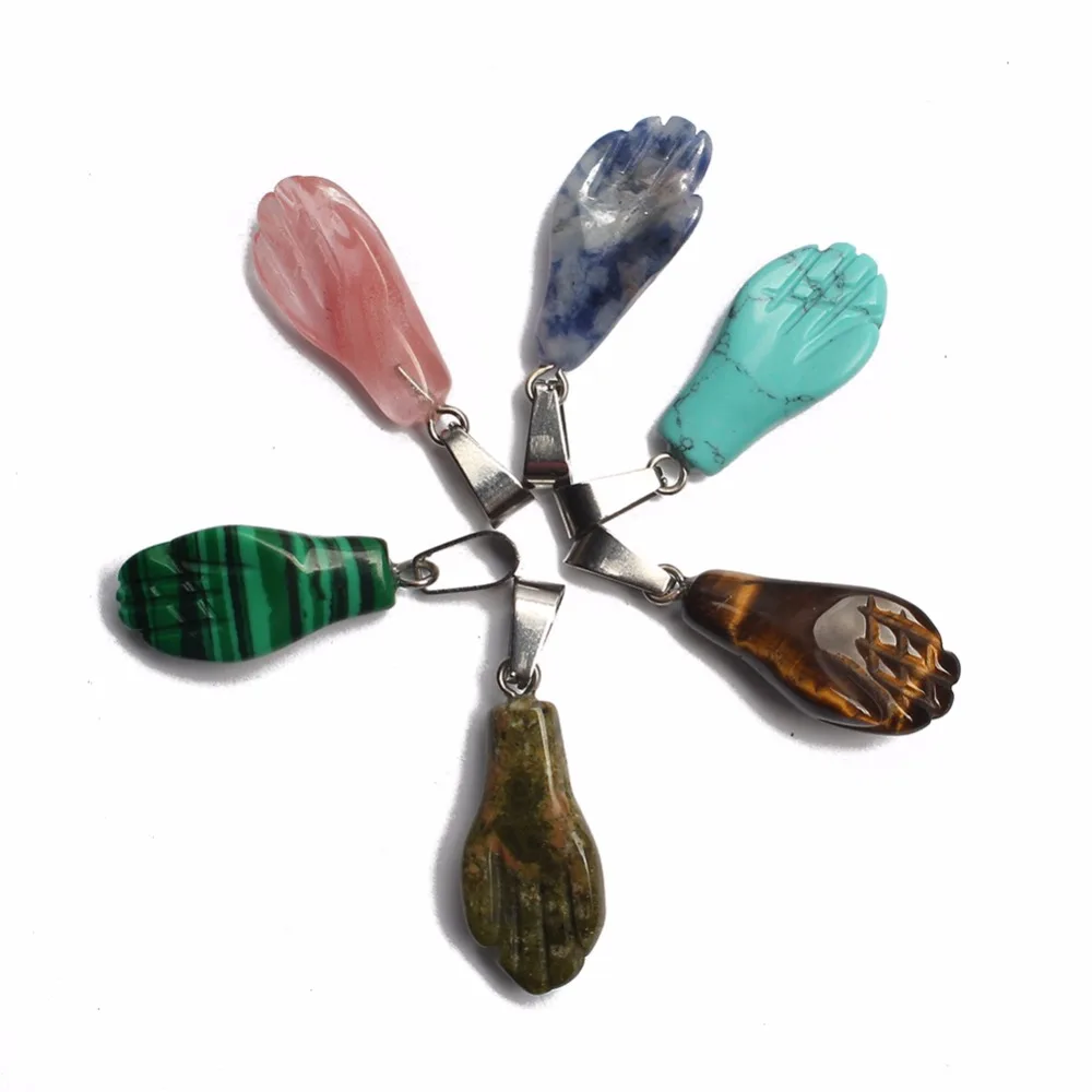 

12 pcs Natural Gemstone Necklace Pendant 10*20mm palm Pendant Yellow Tiger Eye Red Jasper Rose Quartz Stone Charms Jewelry
