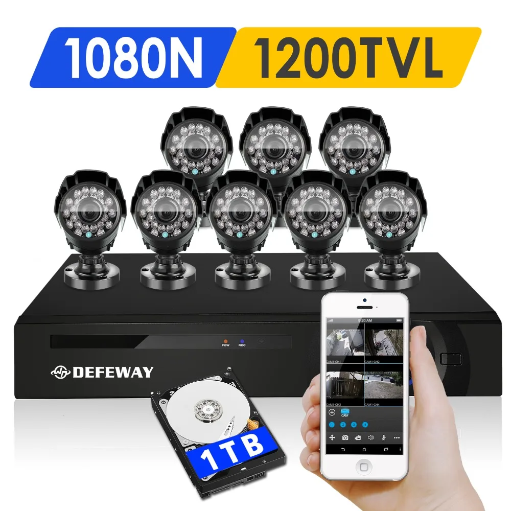 DEFEWAY 1200TVL 720P HD Outdoor Security Camera System 1TB Hard Drive 8 Channel 1080N HDMI CCTV DVR  Kit  8CH AHD Camera Set