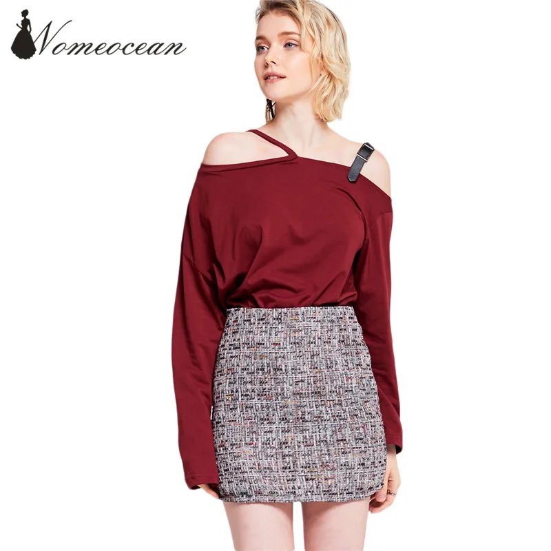 Asymmetric Cut Out Collar PU Belt Shoulder Strap Women T shirts 2017