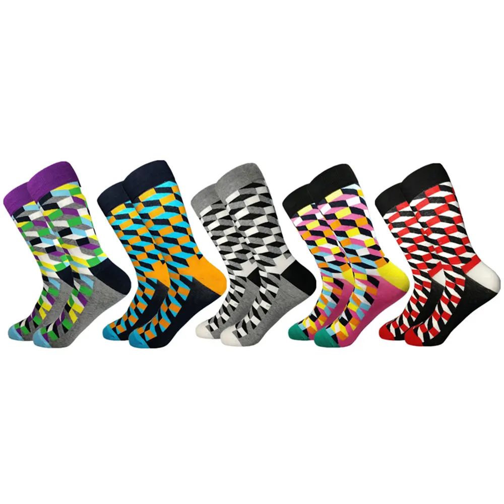 5 pairs of socks Горячая Распродажа повседневные мужские носки новые носки Осень и зима клетчатые Цветные счастливые деловые вечерние Хлопковое носки мужские - Цвет: 5 pairs of socks