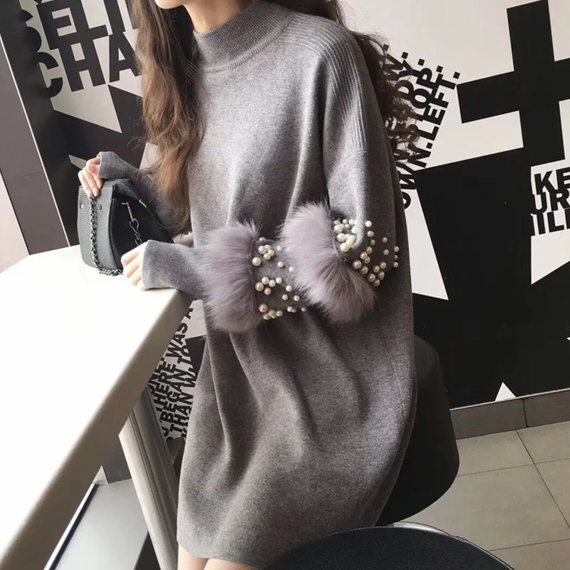 

MCCKLE Women Turtleneck Long Sweater 2018 Autumn Winter Fashion Faux Fur Pearls Knitted Pullover Women Loose Knit Sweater Dress