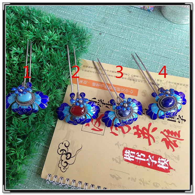 Flower Red Blue Miao 999 Fine Silver Gold Plated Cloisonne Hair Stick