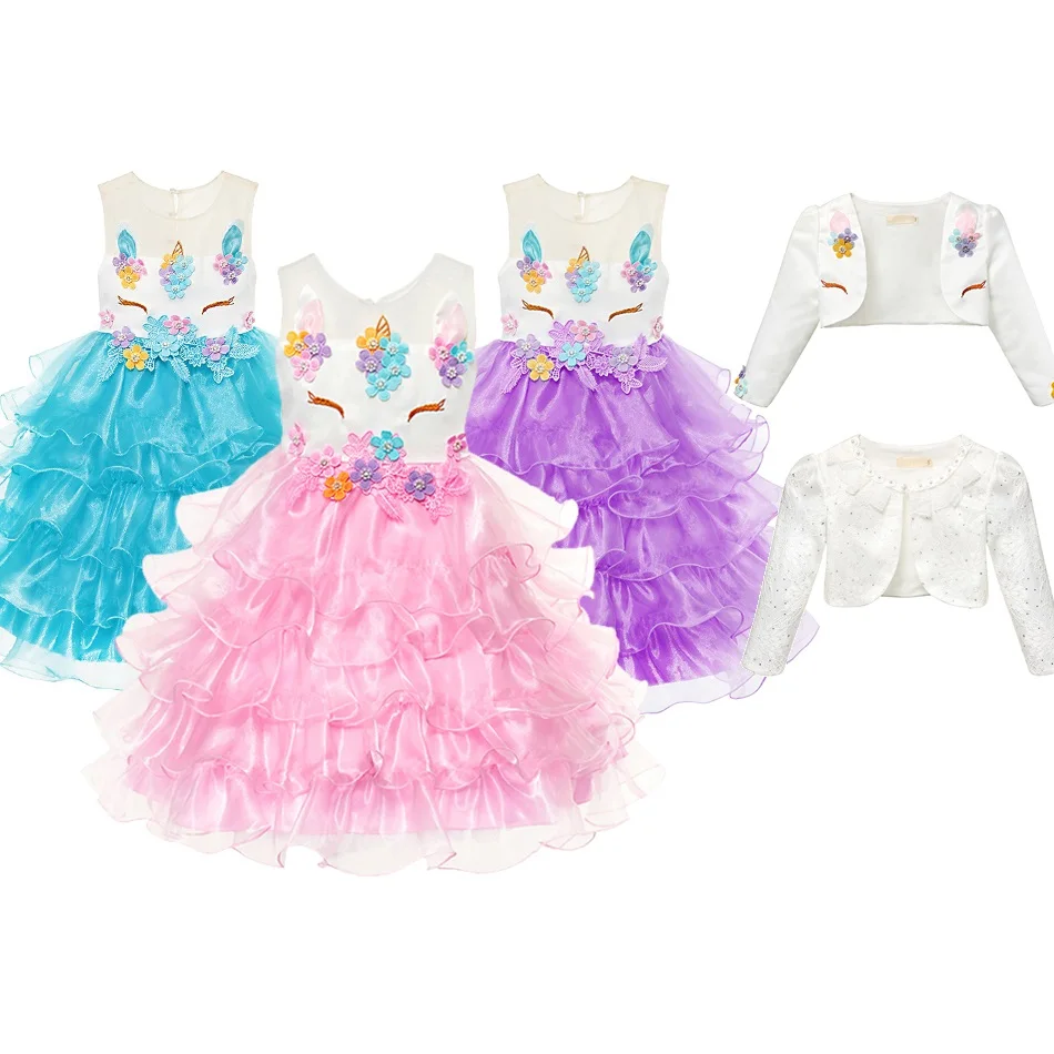 Girls Unicorn Princess Party Dress Set Unicornio Cosplay Costume Headband Cape