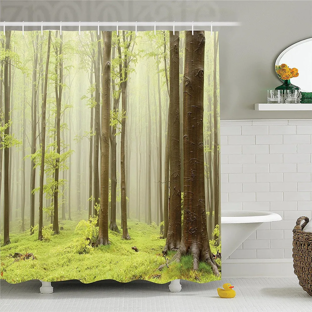 Woodland Decor Shower Curtain Set Misty Spring Beech Forest Photo Woodland Decor Shower Curtain Set Misty