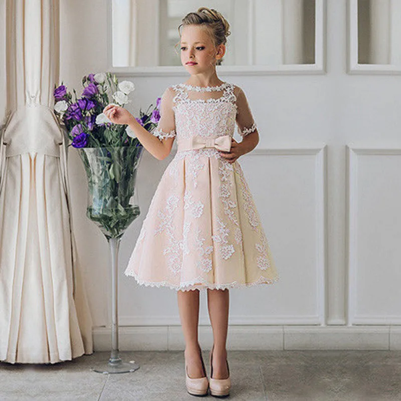 

Pink Flower Girl Dresses Lace Applique A-Line Half Sleeves Knee Length For Little Girls First Holy Communion Dresses