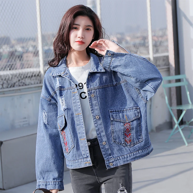 

Abstract Pattern Embroidery Denim Jacket For Women 2019 New Arrival Spring Fashion Ripped Hole Jean Jackets And Coats Loose Fit