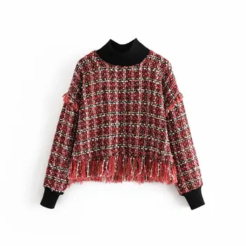 

Spring Autumn Long Sleeve High Collar Sweater Knitted Print Tassel Pullovers Women Tops Clothing Knit Turtleneck Ladies Jumper