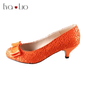 

CHS471 DHL Express Custom Handamde Bow Kitten Low Heel Orange Lace Bridal Wedding Shoes Women Shoes Dress Pumps