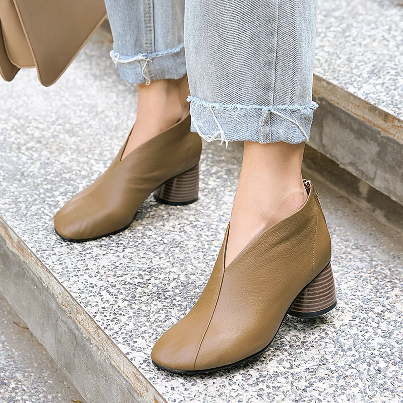 Women Boots Shallow Solid Women Genuine Leather Shoes Soft Square Toe High Heel Thick Ankle Boots