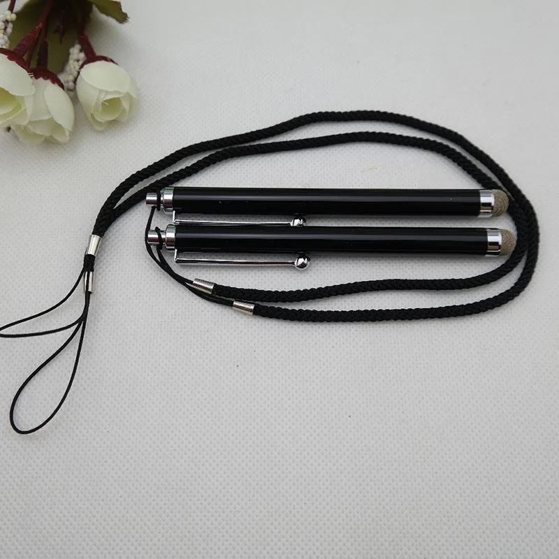 

50pcs/lot mobile phone flat capacitor pen conductive touch screen pen black metal pen customized logo lanyard gift pen
