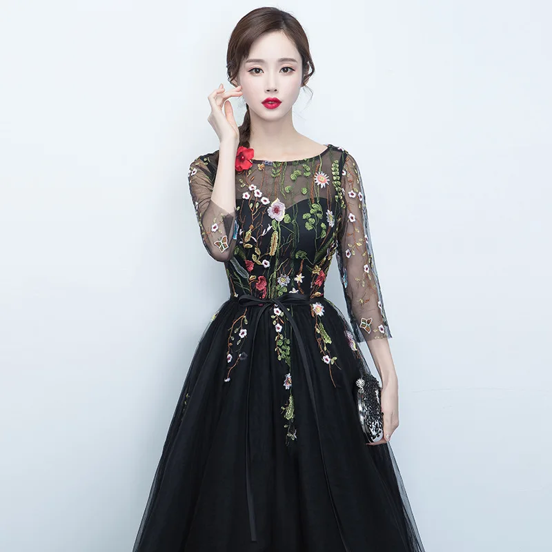 FOLOBE модное летнее платье женское элегантное платье с рукавом 3/4 из тюля с цветочной вышивкой черное винтажное платье