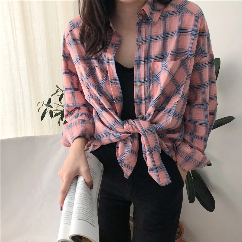 KYMAKUTU Summer Holiday Style Plaid Women Shirts Turn-down Collar Full Sleeve Pocket Blouse Femme Out Chemisier Shirt Tops |
