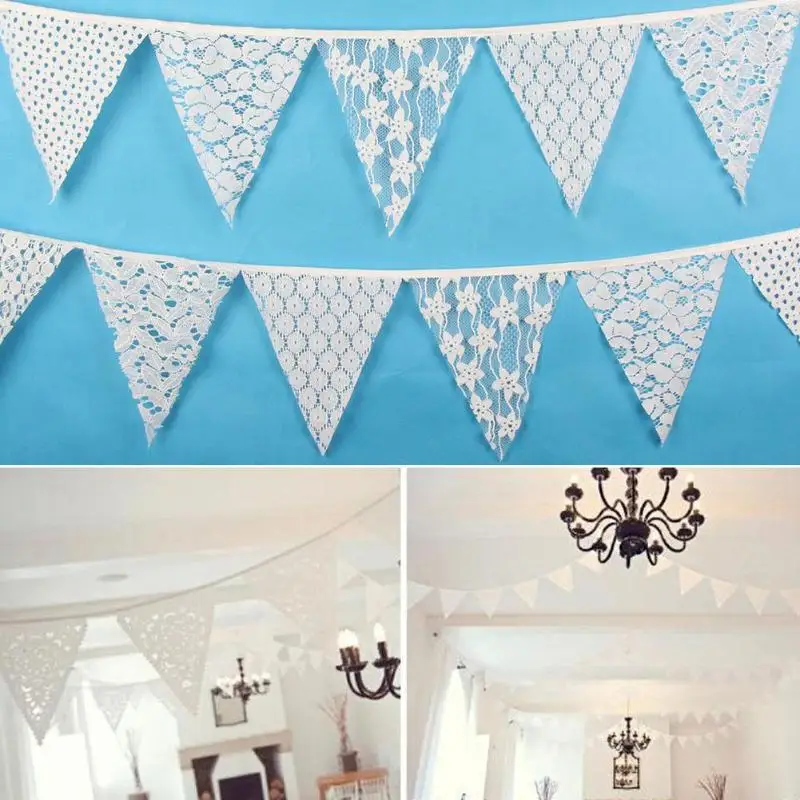 Vintage White Lace Triangle Flag Bunting Pennant Banner for Wedding Decor OK