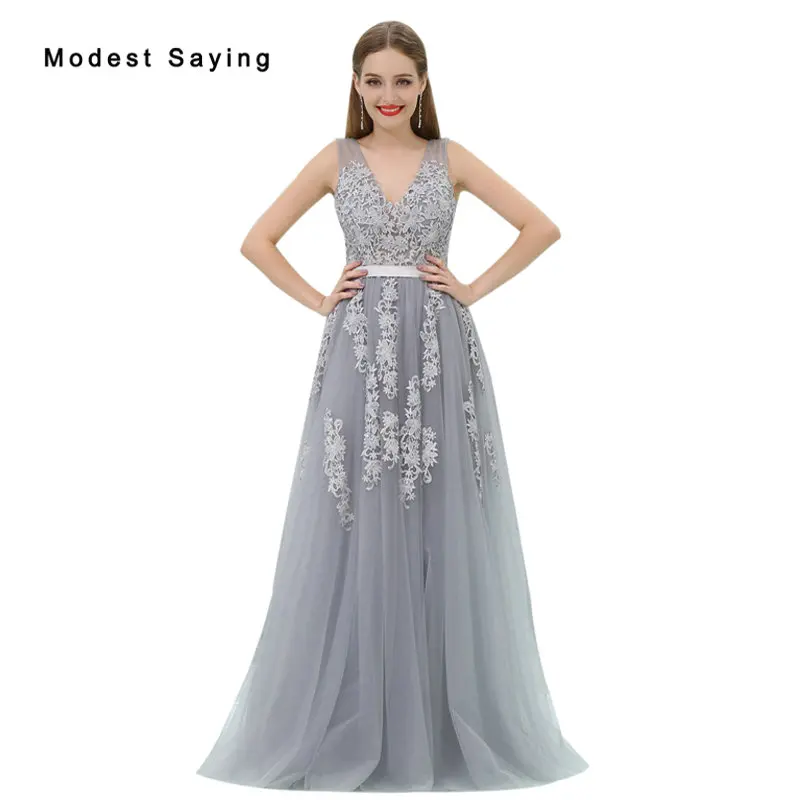 Wholesale Sexy Sheer Grey A Line Beaded Lace Evening Dresses 2017