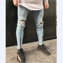 Mens hi street patches distressed zipper on button slim fit rock Jeans pants