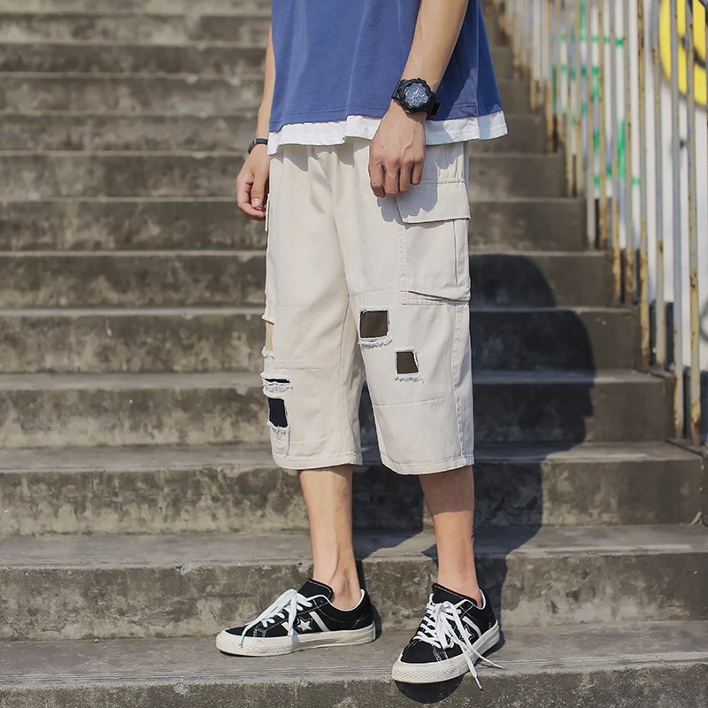 

Brand New Calf-Length Pants Hole Multi-Pockets Men's Pants Elastic Waist Straight Large Sizes Calf-Length Pants