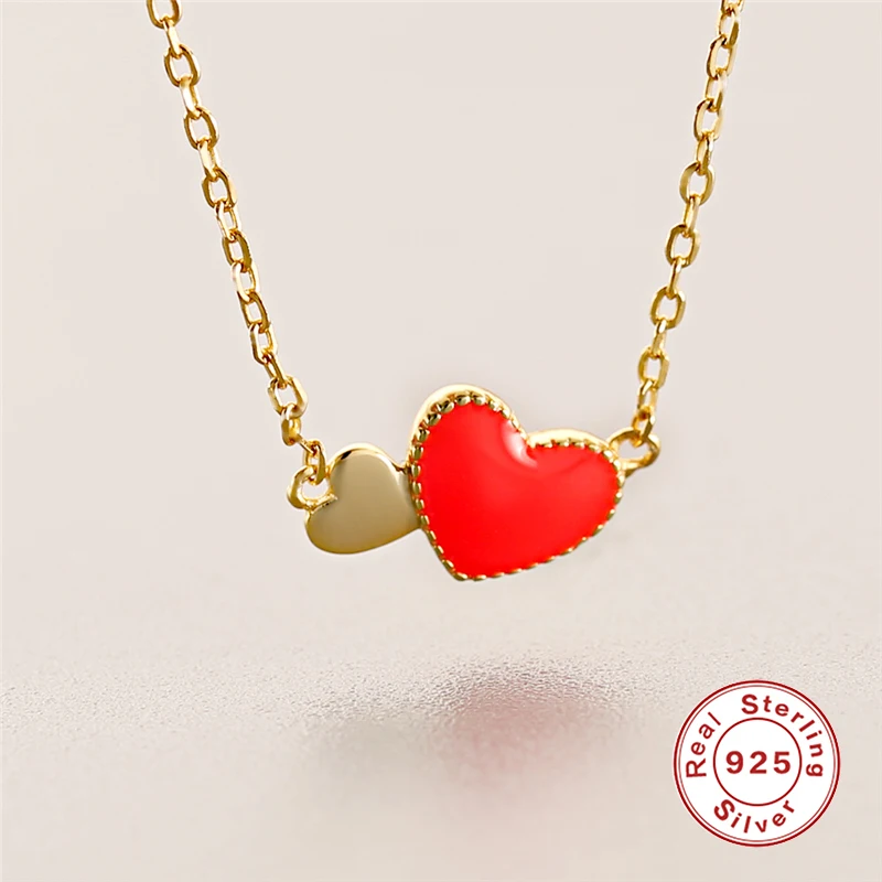Red Love Heart Pendant Necklace for Women Lovers Gifts Gold Color Collar Chain 925 Sterling Silver Jewelry C35