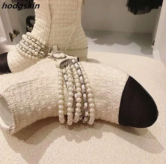 

2019 White Canvas Black Round Toe Pearl Chains Studded Women Ankle Boots Back Strappy Zip Riding Equestrian Botines Shoes Woma