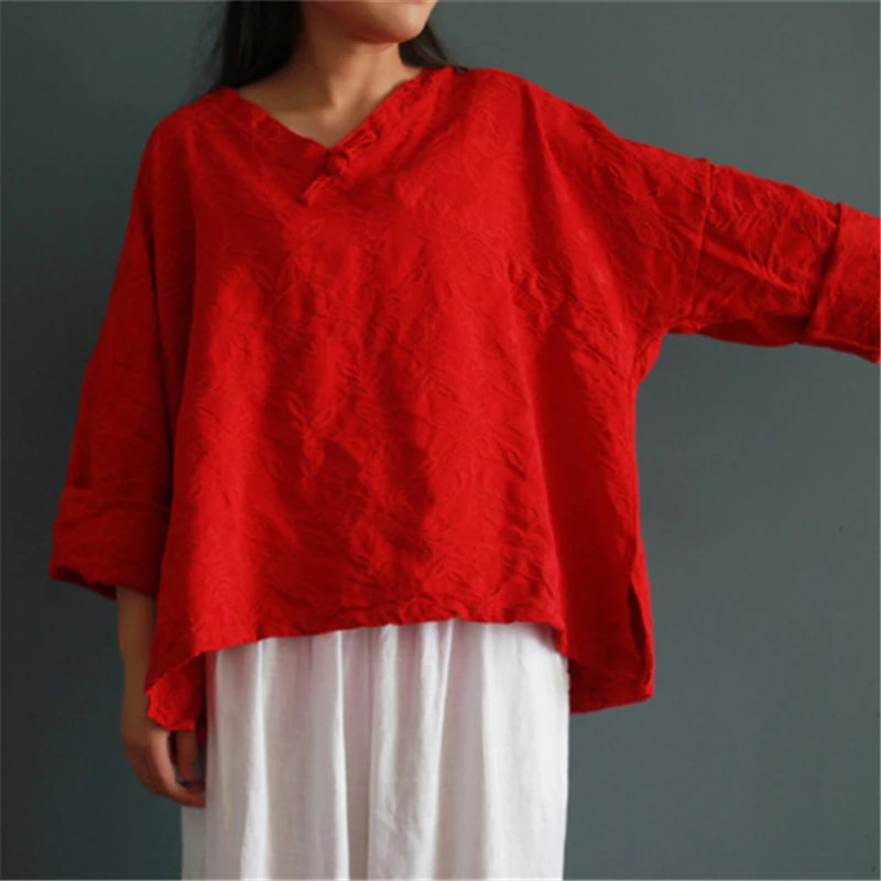 

Johnature Women Shirts Vintage Blouses V-Neck Loose 2019 Autumn New Button Embroidery Floral Warm Seven Sleeve Chinese Style Top