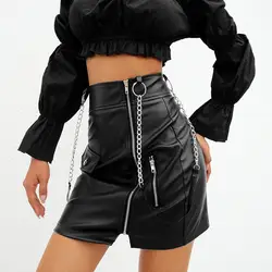 Черный Панк кожаная юбка Faldas Mujer Moda 2018 пикантные металлические цепи ремень на молнии Высокая талия Готический юбки для женщин женская