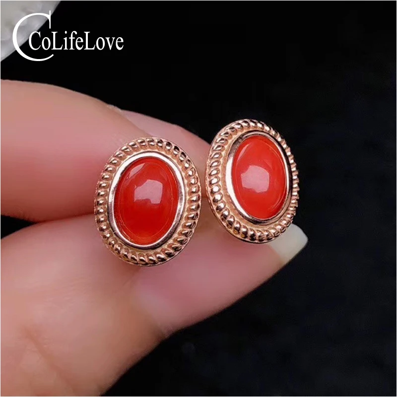 

CoLife Jewelry Red Coral Stud Earrings for Daily Wear 5*7mm Natural Italian Red Coral Earrings 925 Silver Precious Coral Jewelry