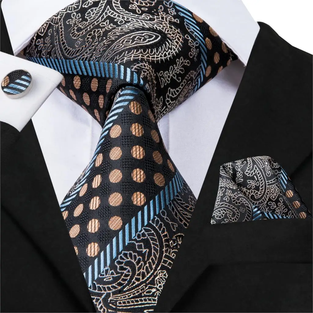 Hi-Tie Dot цветочный коричневый и черный галстук 8,5 см галстуки 100% шелковый галстук для мужчин Hanky и запонки Бизнес Свадебный галстук набор SN-3006