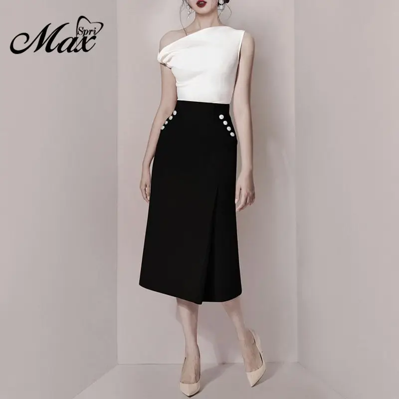 

Max Spri 2019 New Two-piece Set One Shoulder Irregular Neck Sleeveless Top Pearl A Line Ankle Skirt Women Party Hot Sets