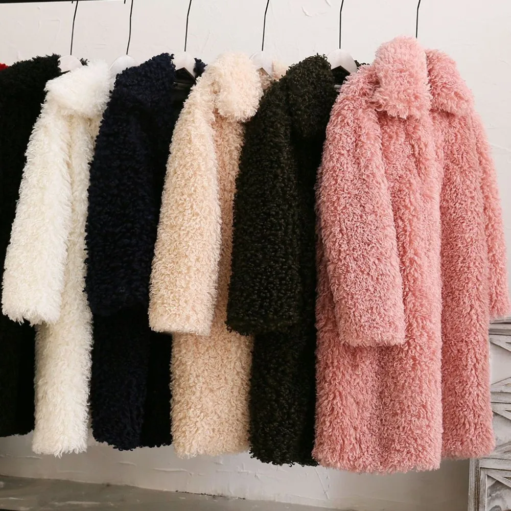 

GTGYFF Fall winter medium long lamb faux fake fur jacket coat with collar women artificial jackets coats outerwear oversize top