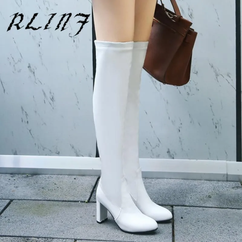 Haute Nouveau Rlinf Femelle Long Tube À blanc Bottes Avec Talons Sur Le Épais Hiver Hauts Genou Noir Élastique AwOUq
