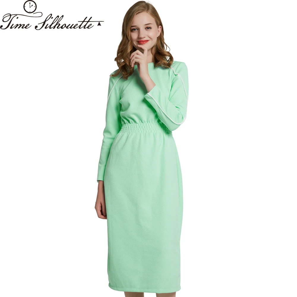 

Clearance Sale Autumn Winter Women Casual Dress Long Sleeve O-Neck Knee Length Pencil Dress Bodycon Party Dresses L210