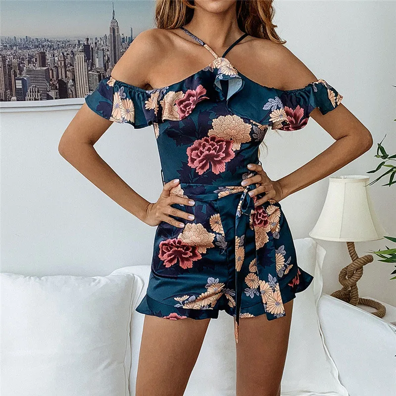 DORVIVON Combinaison Femme 2019 Ruffles Sexy Halter Women Playsuits and Rompers Floral Print Boho Beach Overalls Body Mujer