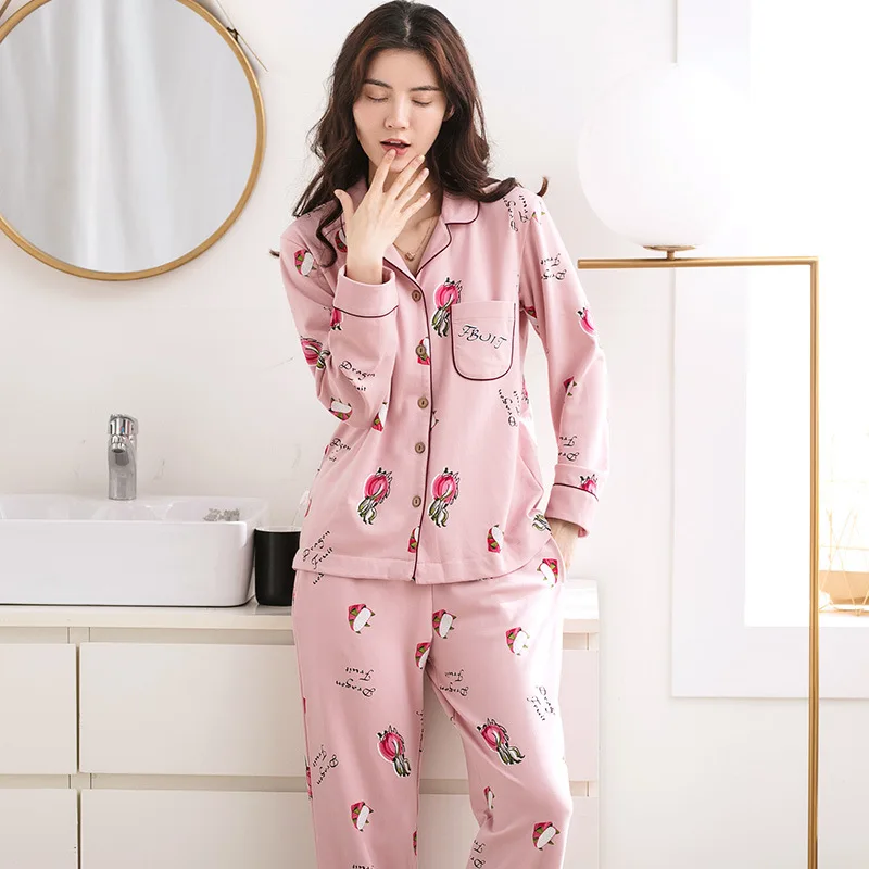 Autumn Women pajamas set Fruit print Cotton Pajamas Long sleeve
