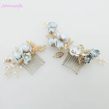 

Jonnafe Blue Flower Hair Comb Bridal Pins Pearls Wedding Jewelry Hair Vine Accessories Women Headpiece
