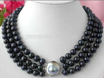 

yan 1104 3ROW 8-9MM BLACK ROUND FW PEARL NECKLACE SILVER MABE