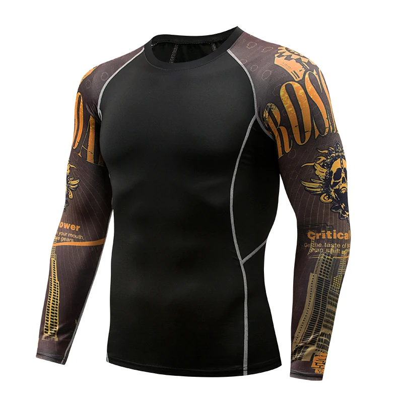 

Men's Compression Flower Arm Tweezers Long Sleeve T-Shirt Fitness Men's Lycra MMA Crossfit T-Shirt Tights Brand Clothing