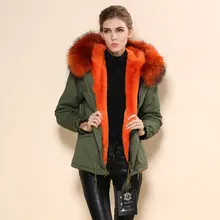 Женская новая мода дизайн оранжевый мех с капюшоном зеленая оболочка холодные зимние куртки