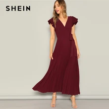 SHEIN Платье С Оригинальным Рукавом И V-Образным Вырезом Женское Летнее Бордовое Элегантное Макси Платье С Короткими Рукавами