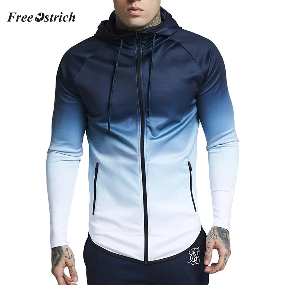 

Free Ostrich Autumn Winter Fashion Men's Hooded Long Sleeve Sweatshirt Stylish Gradient Color Slim Zipper Pullovers Sweatshirt