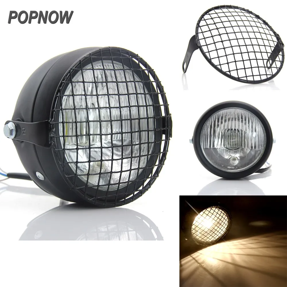 1set Black Retro Amber Vintage Motorcycle Headlight+Rhombus Grid Steel Headlamp Lid Grill Cover