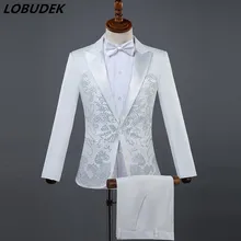 Куртка+ брюки) мужские костюмы блестящие стразы белый черный костюм певец хор компере мастер для свадебного представления костюм