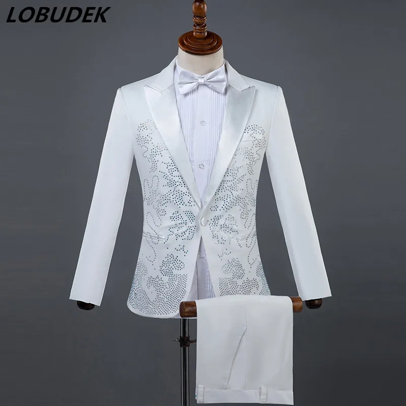 (Jacket+pants) Men Suits Sparkly Rhinestones White Black Suit Male ...