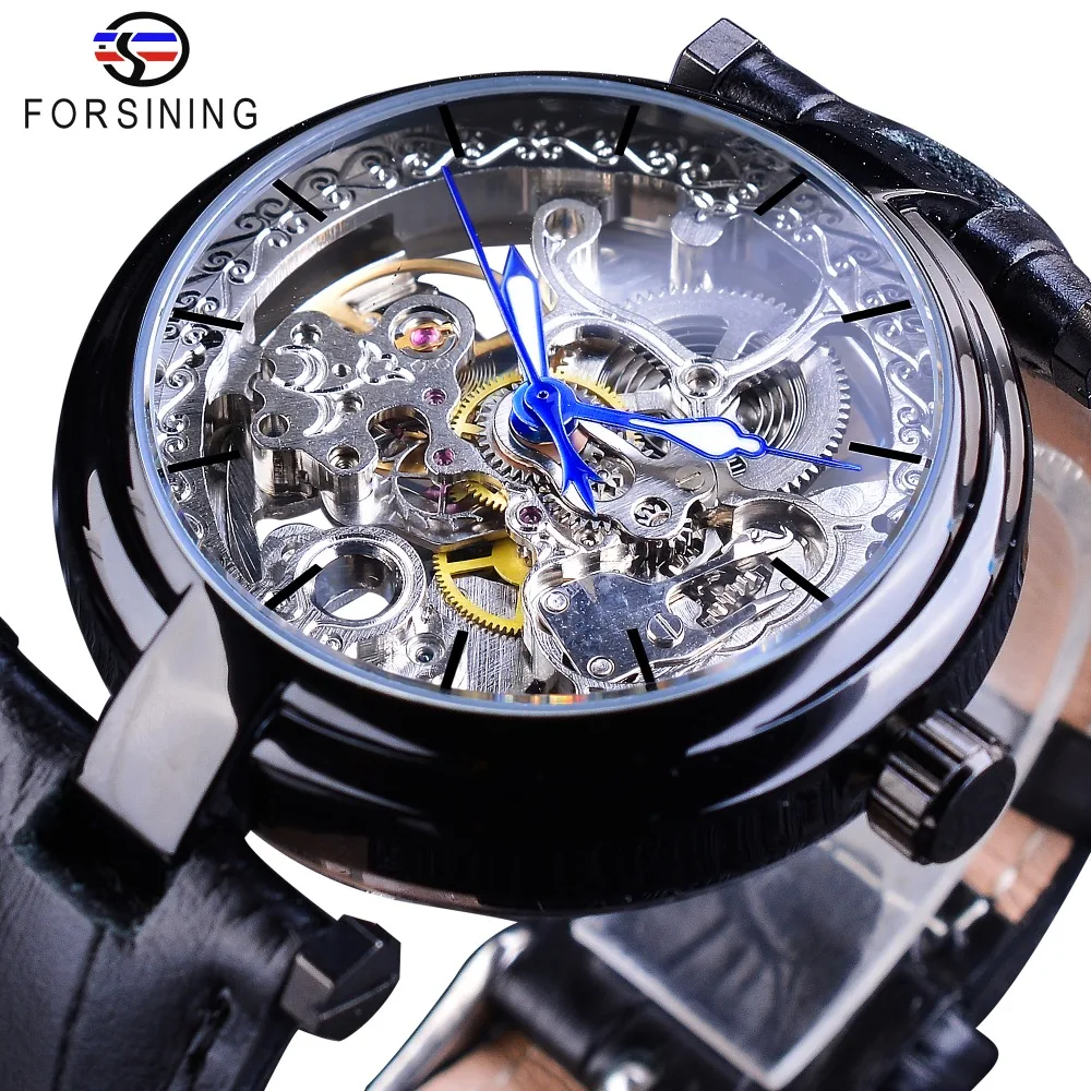 

Forsining Retro Flower Design Automatic Clock Blue Hands Mens Mechanical Watches Skeletons Black Genuine Leather Luminous Hands