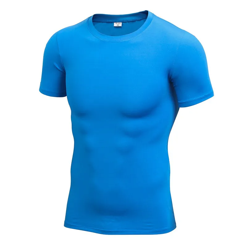 Быстросохнущие топы для фитнеса с впитывающим пот базовым слоем, M-XL мужские компрессионные облегающие футболки с круглым вырезом и длинным рукавом - Цвет: short sleeve blue