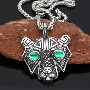 

Men stainless steel bear head norse viking amulet pendant necklace