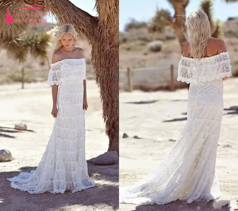 Simple Full Lace Country Boho Wedding Dresses Off The Shoulder