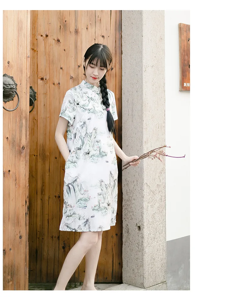 Пейзаж настроение cheongsam платье китайский стиль Новый Весна Лето национальный ветер свободные пластины пуговицы дзен