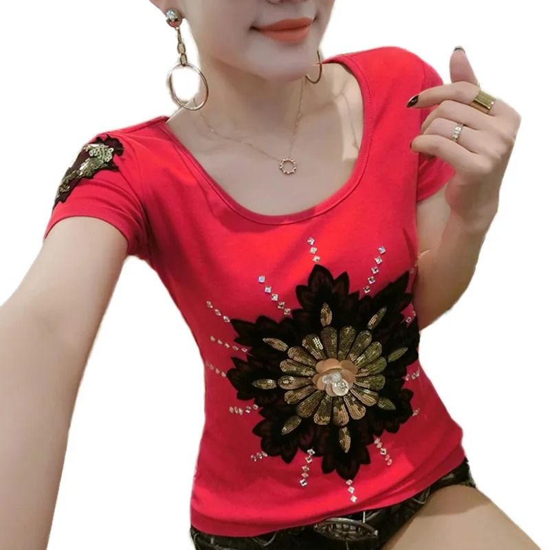 Блестками Harajuku футболки сезон: весна–лето Для женщин с О-образным вырезом с короткими рукавами с блестками Бисер футболки для мамы, папы и Повседневное футболки Femme