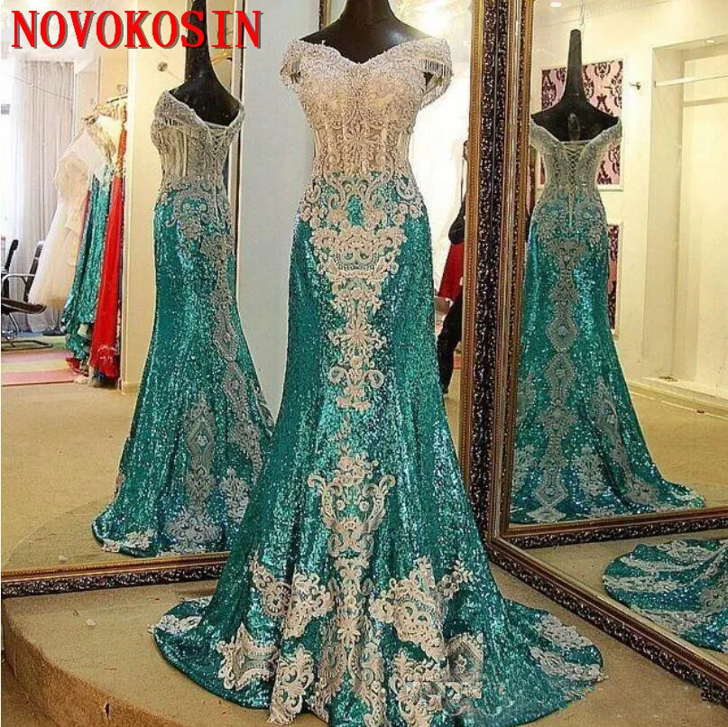 

Sequined Mermaid Evening Dresses 2019 Sexy Gold Lace Applique Beaded Off Shoulder Lace up Formal Long Evening Gown Party Dress