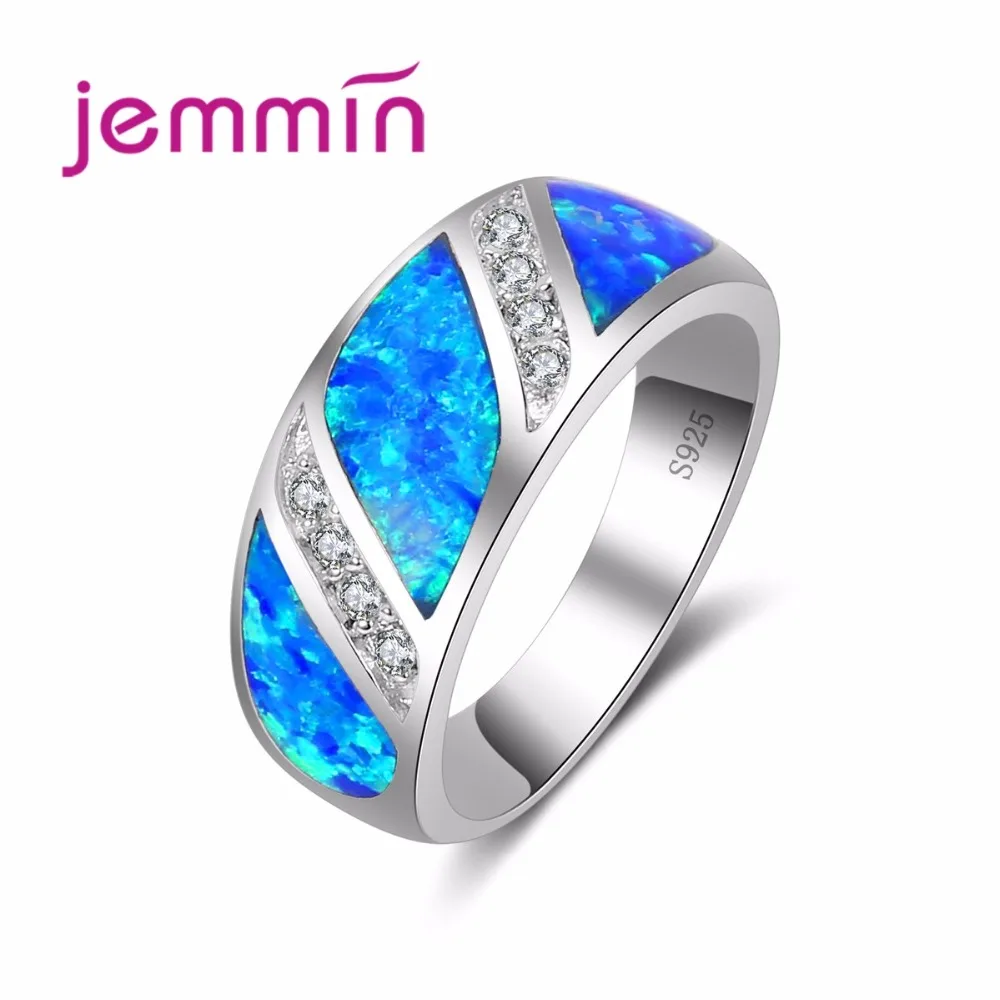 

Hot Spinner Ring Fire Fine Blue Opal Wedding Rings 925 Sterling Silver White Crystal Stone Engagement Rings For Wome