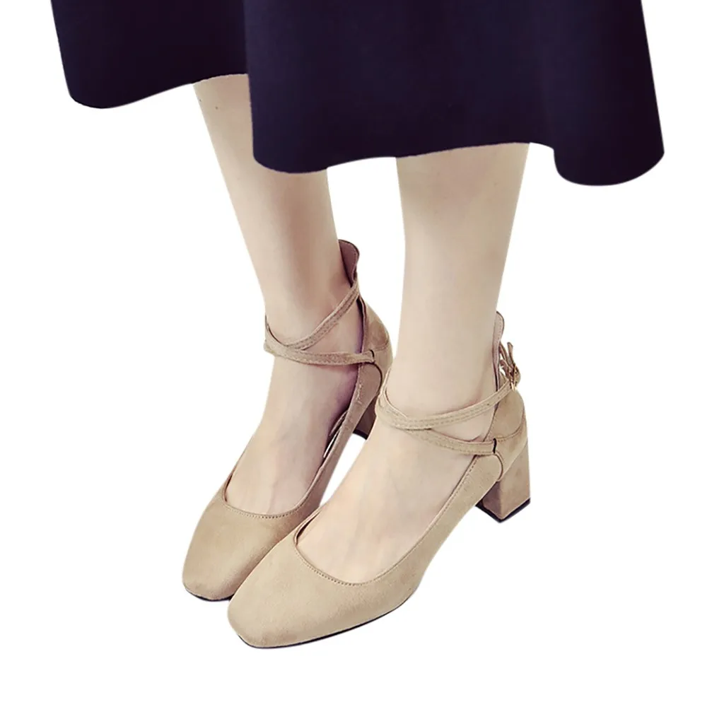 

Ladies Office Heel Shoes Women Flock Elegant Ankle Strap Thick Heel Pumps One Word Buckle Party Square Shoes Sapato Feminino New